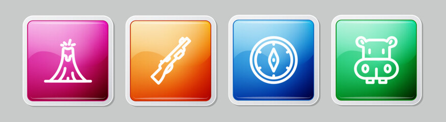 Set line Volcano eruption, Hunting gun, Compass and Hippo or Hippopotamus. Colorful square button. Vector