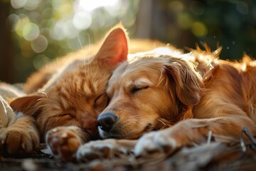 Adorable ginger cat and dog napping together outdoors in sunlight - Cute animal portrait