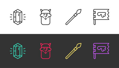 Set line Gem stone, Viking head, Medieval spear and flag on black and white. Vector