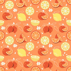 Oranges, lemons vector seamless pattern on a light background
