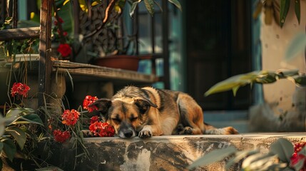The dog is resting in the sunny garden.