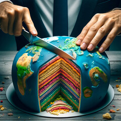 Consuming Earth: Businessman Slicing a Globe Cake