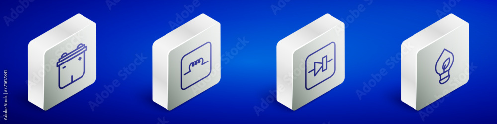 Sticker set isometric line car battery, inductor in electronic circuit, diode and light bulb with leaf icon.