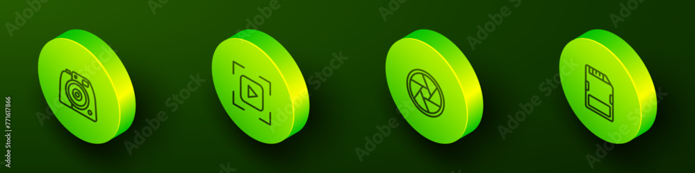 Poster set isometric line photo camera, camera focus frame line, shutter and sd card icon. vector