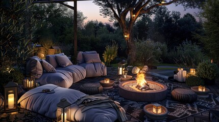 Cozy area for a fire in the evening garden with garlands of lanterns.