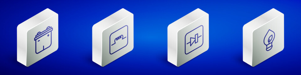 Set Isometric line Car battery, Inductor in electronic circuit, Diode and Light bulb with leaf icon. Vector