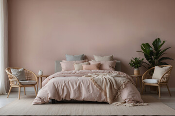 bedroom interior decoration. Wall mockup in pastel colors with linen bed, empty wall background