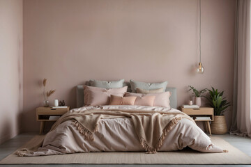 Fototapeta na wymiar bedroom interior decoration. Wall mockup in pastel colors with linen bed, empty wall background