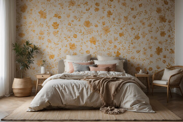 bedroom interior decoration. Wall mockup in pastel colors with linen bed, empty wall background