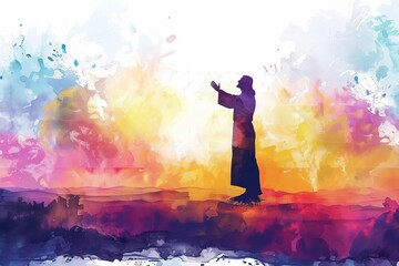 Abstract watercolor background with silhouette of Jesus Christ worshipping, spiritual and religious digital painting - obrazy, fototapety, plakaty