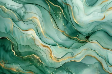 Abstract Watercolor Background with Pastel Green Waves and Gold Lines, Fluid Marbled Texture, Digital Painting