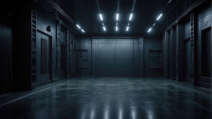 Shadowed Forge Dark Metal Room Background Evoking Industrial Ambiance - obrazy, fototapety, plakaty