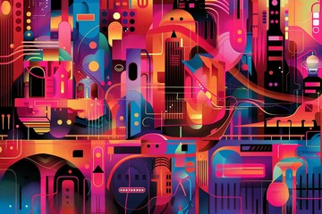 Abstract vibrant city illustration, colorful dynamic shapes and lines, urban energy and life, digital art