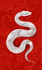 A stylized white snake on a red ornate background