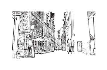 Print Building view with landmark of Rennes is the
City in France. Hand drawn sketch illustration in vector.