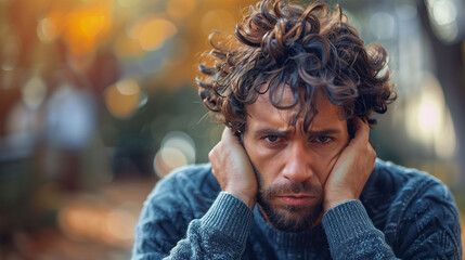 Fototapeta premium Portrait of a distressed man with curly hair, resting his head on hands, with a blurred autumn background.