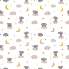 Cute Koala and Sky Seamless Pattern. Koala Sleeping in Clouds, Hand Drawn pattern for Baby Clothing, Textile, Wallpaper, Nursery décor, etc.
