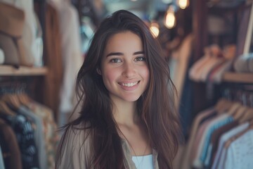 Shopping Time: Happy Young Woman Smiling Near Clothes Rack in Store, generative ai