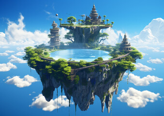 A Fantasy inspired Floating Island with a Mode. Ai-Generated Image - obrazy, fototapety, plakaty