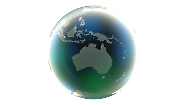 Earth with blue reflection of green glass illuminated by light. Abstract overlay multicolor background. Can be used as a texture or background for design projects, scenes, etc.  Indonesia, Australia
