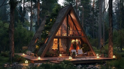 Cozy house in A-frame style, evening country garden.