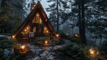 Cozy house in A-frame style, evening country garden.