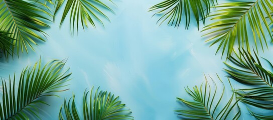 Fototapeta na wymiar A painting depicting palm trees standing tall against a clear blue sky, with no clouds in sight