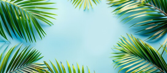Fototapeta na wymiar Vibrant green palm leaves contrast against a bright blue background