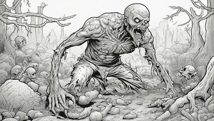 zombie drawing black and white, coloring book page,              A zombie with skin  , crawling out  