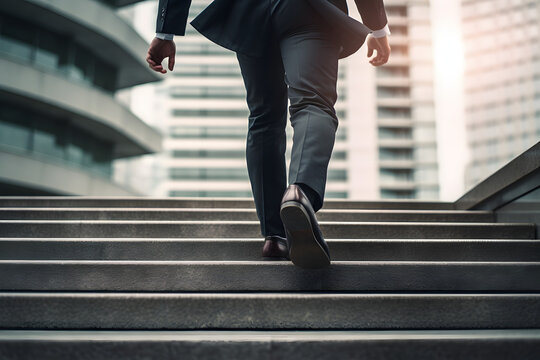 Young businessman running up stairs in a office