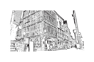 Print Building view with landmark of Rennes is the
City in France. Hand drawn sketch illustration in vector.