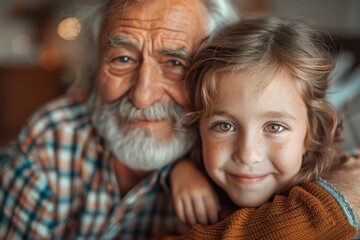 An affectionate portrait showcasing a close bond between a smiling elderly man with a beard and a young girl hugging him - obrazy, fototapety, plakaty