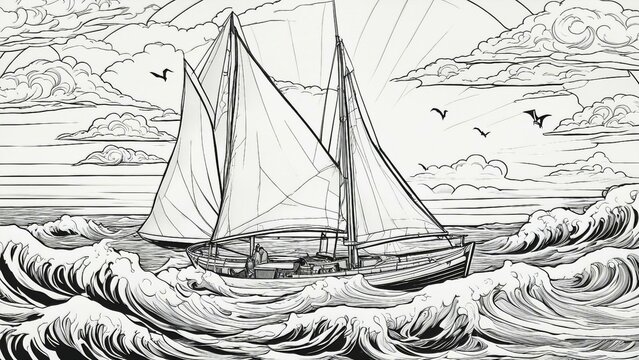 ship in the sea  black and white, coloring book page,         A sailboat on the water, with a sail and a flag.  