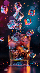 Levitating ice cubes into a cocktail, high-speed capture, vivid colors,