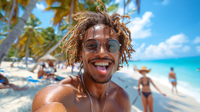 Joyful young man with sunglasses on a tropical beach with palm trees and clear blue sky, vacation concept.