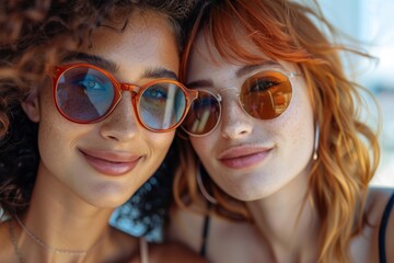 Close-up of two smiling young friends with curly hair wearing colorful sunglasses on a sunny day