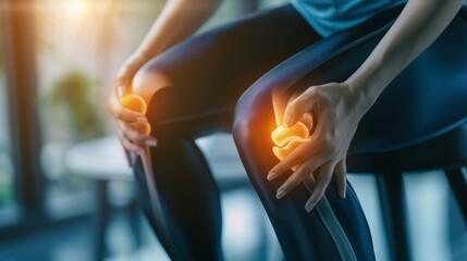 female athlete or spot woman having knee injury due to ligament inflammation, knee pain due to exercise, massage, muscle relaxation, rheumatoid arthritis, gait disturbance, rheumatoid arthritis - obrazy, fototapety, plakaty