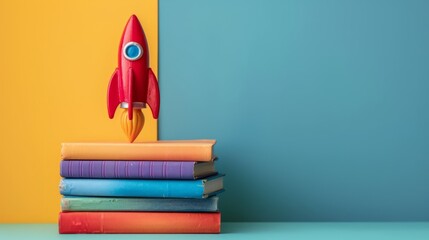 A red toy rocket lifting off from a stack of colorful books, igniting imagination - obrazy, fototapety, plakaty