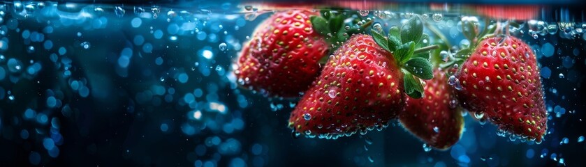 Bunch of ripe strawberrys, with water droplets, falling into a deep blue-black water tank, creating a colorful contrast and intricate splash patterns - obrazy, fototapety, plakaty