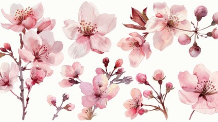 Fototapeta na wymiar Watercolor cherry blossom clipart in soft pink and white tones
