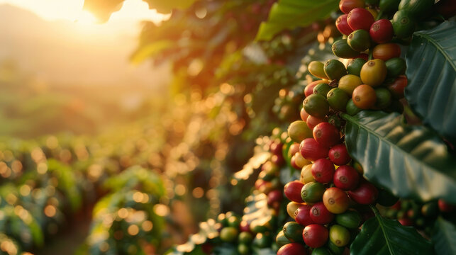 Lush coffee beans on a blurred plantation vista,