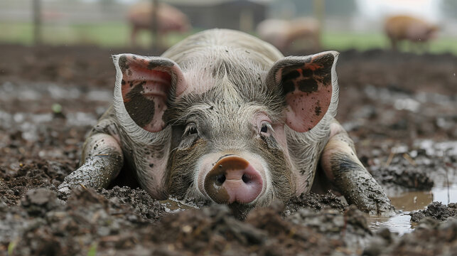 Macro view of a pig rolling in mud, with the farmyard softly blurred in the background