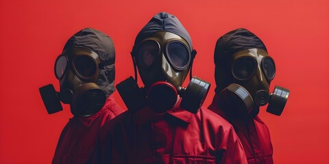 Men in gas masks and helmets symbolize safety in hazardous environments or emergency response situations. Concept Safety, Hazardous Environments, Emergency Response, Gas Masks, Helmets - obrazy, fototapety, plakaty