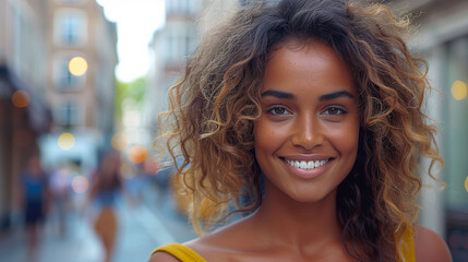 Portrait of a smiling young woman with curly hair on a city street, representing urban lifestyle and happiness.