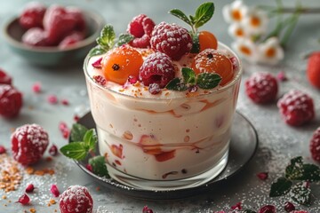 A tantalizing fruit parfait with layers of yogurt and fresh berries, dusted with powdered sugar, ready to be enjoyed