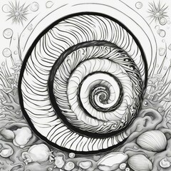 abstract spiral background black and white, coloring book page illustration,        A shell with a spiral and a pearl, shining 