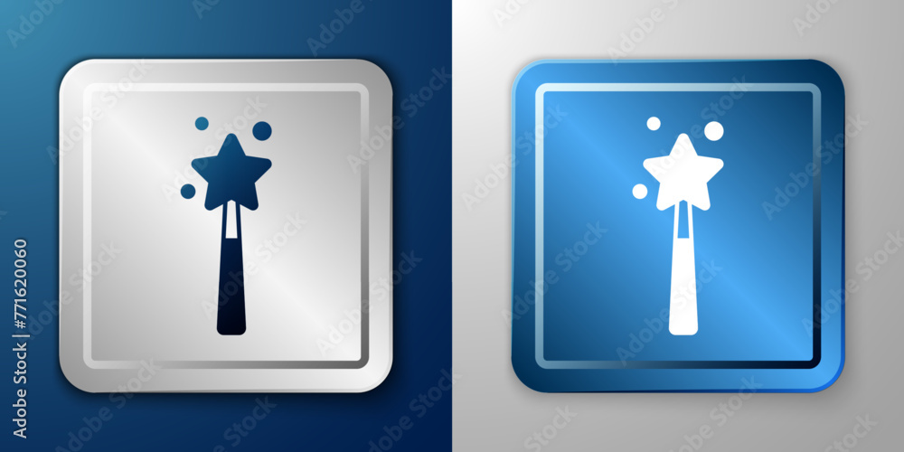 Poster White Magic wand icon isolated on blue and grey background. Star shape magic accessory. Magical power. Silver and blue square button. Vector