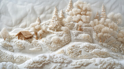three-dimensional embroidery art creating a snow-covered forest landscape in warm light - obrazy, fototapety, plakaty