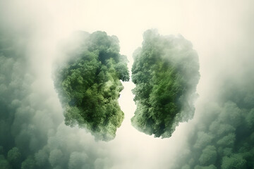 Double exposure of forest with shape of lungs. Earth day Go Green Save Earth concept