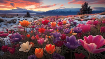 a truck decorated with colorful tulip flowers, driving through a snowy countryside as the sun sets, marking the transition from winter to spring - 771620225